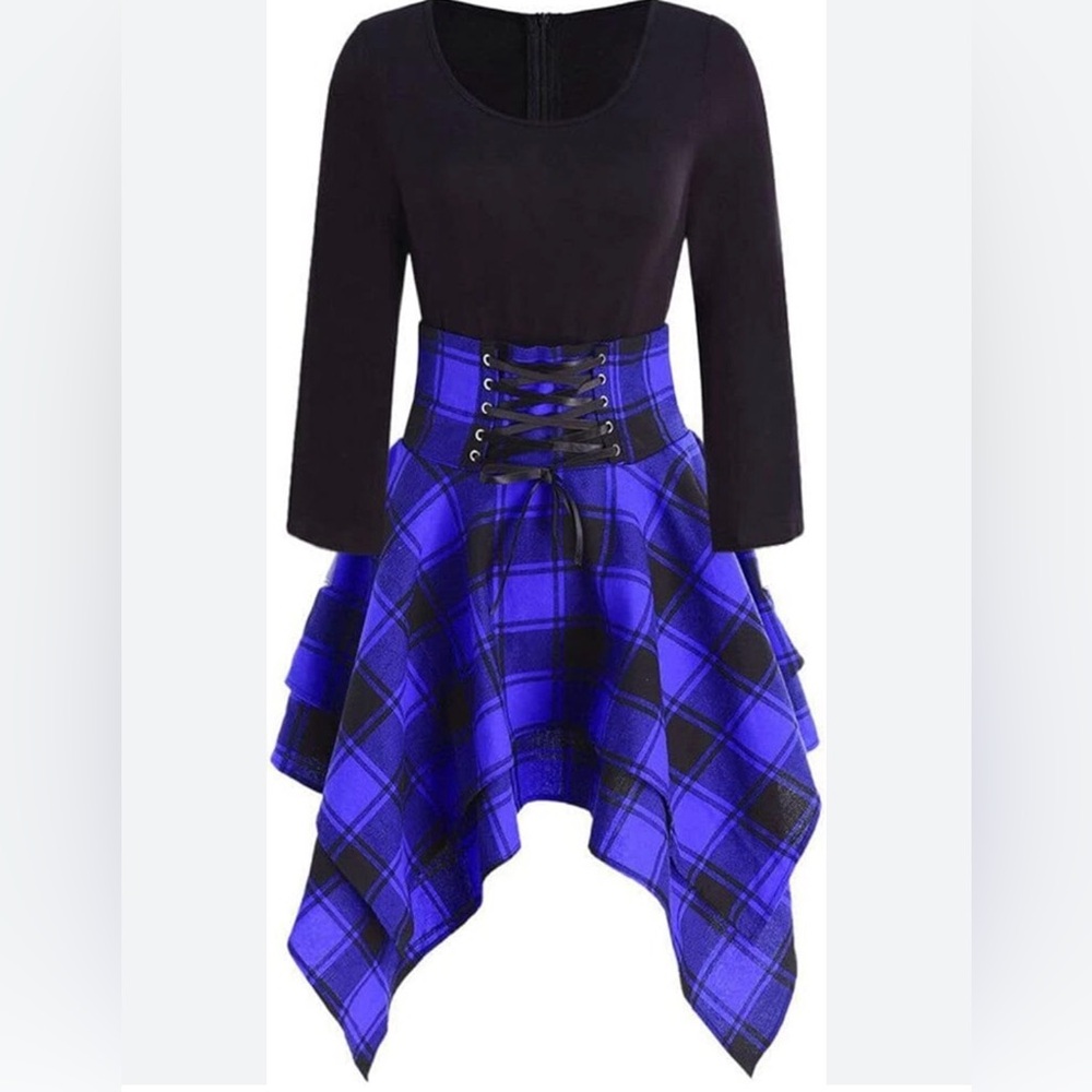 Chic Black & blue plaid asymmetrical dress size small